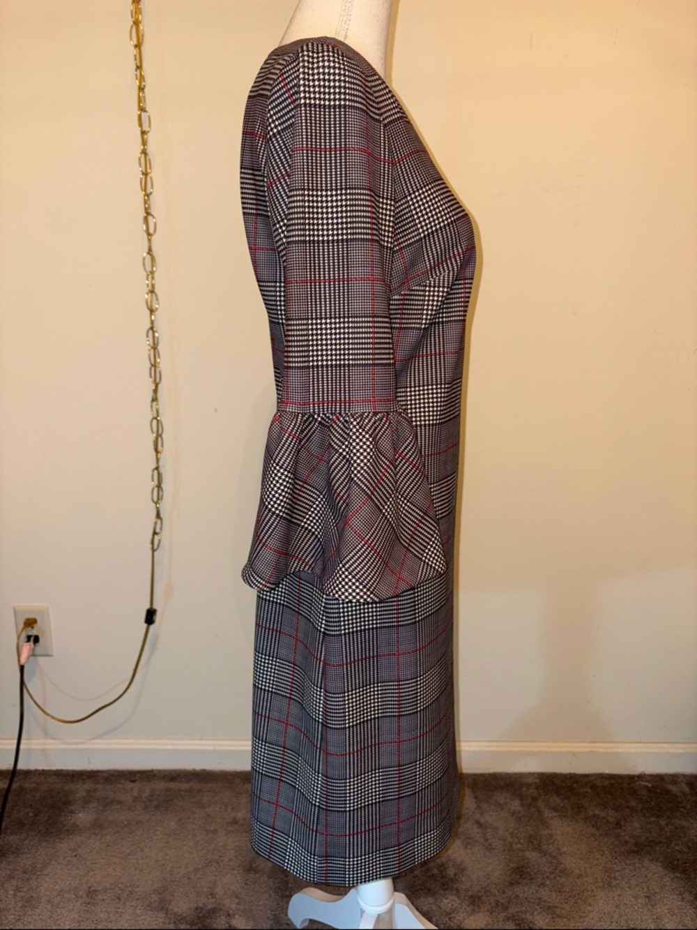 Calvin Klein plaid houndstooth round neck 3/4 length bell sleeve midi dress - Picture 5 of 9